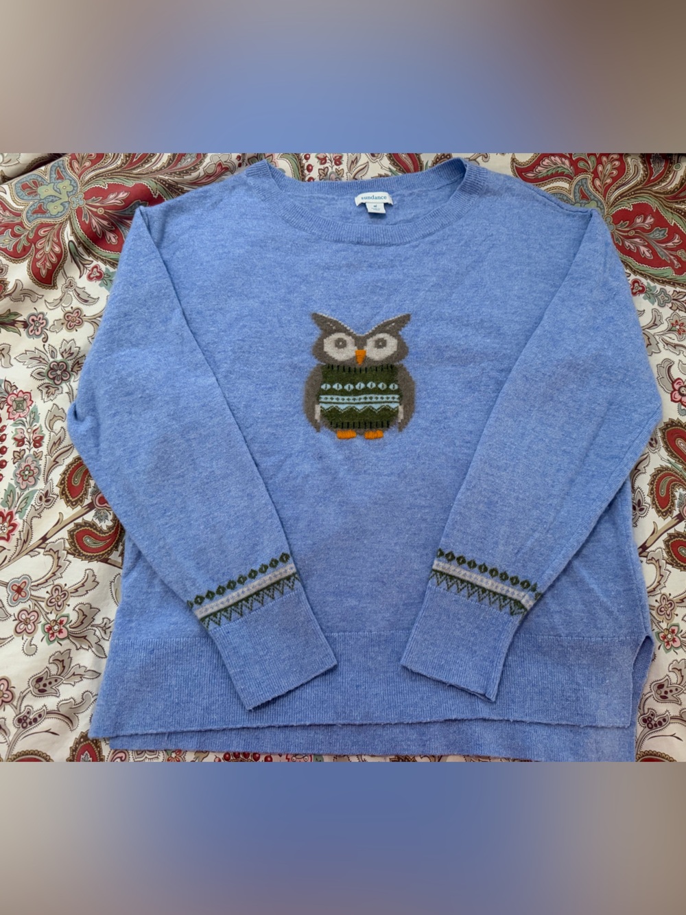 Sundance Blue Wise Owl Sweater Size Medium Preppy Academia Teacher Cozy